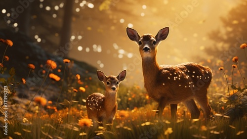 Tranquil Scene of Majestic Deer Grazing in a Serene Meadow - AI-Generative