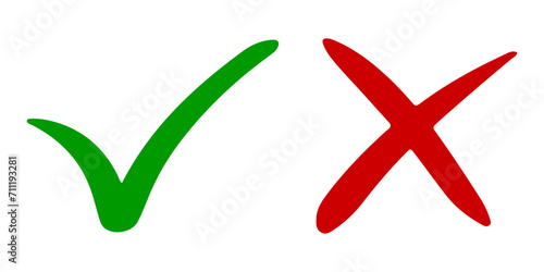 Hand drawn of Green check mark and Red cross isolated. Right and wrong icon. Vector illustration.