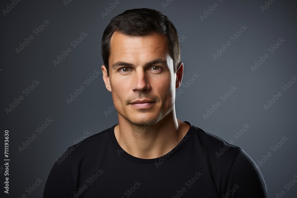 Portrait of a handsome young man in black t-shirt over grey background.