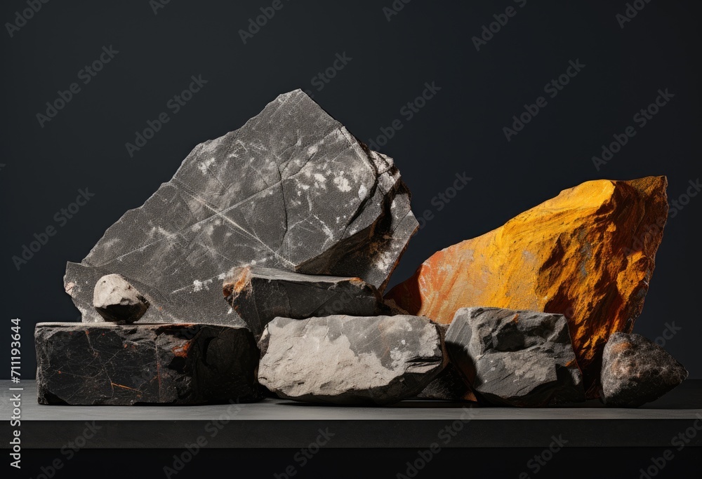 Assorted raw minerals and rocks on a dark background with dramatic lighting, showcasing natural textures and colors.