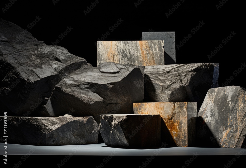 Abstract composition of variously sized rocks with dramatic lighting on a dark background.