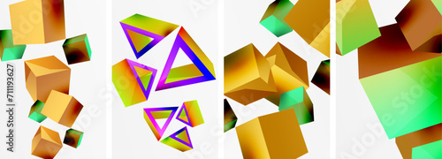 Flying 3d shapes, cubes and other geometric elements background design for wallpaper, business card, cover, poster, banner, brochure, header, website