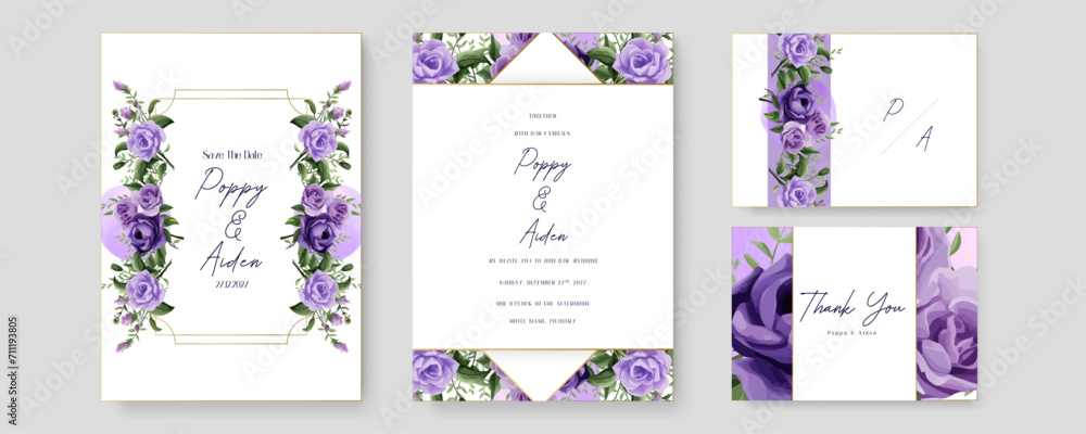 Purple violet rose vector elegant watercolor wedding invitation floral design