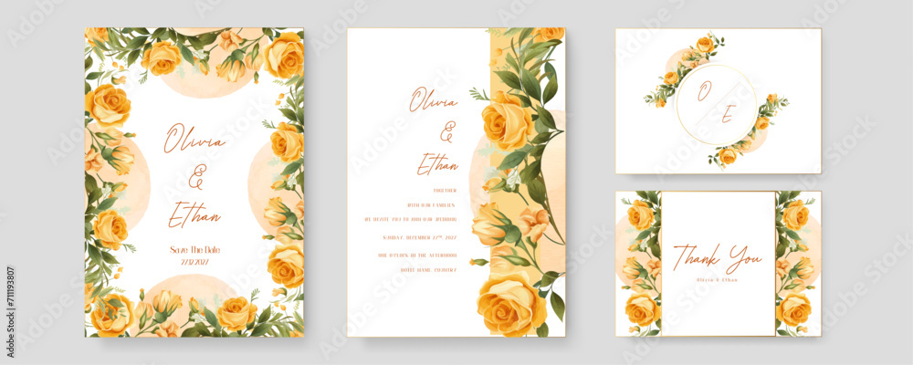 Yellow and orange rose wedding invitation card template with flower and floral watercolor texture vector