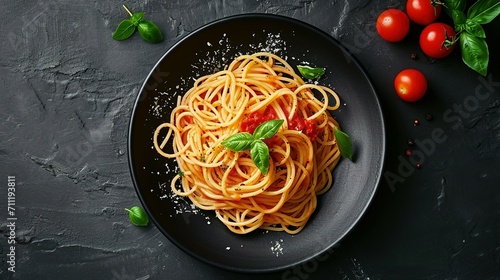 Dark plate with italian spaghetti on dark