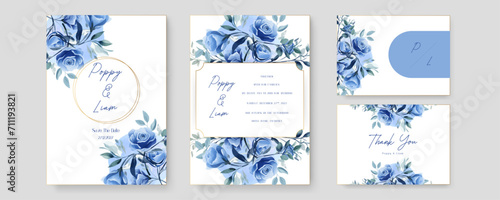 Blue rose artistic wedding invitation card template set with flower decorations
