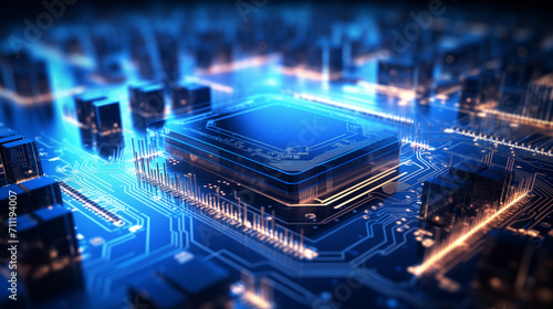 digital ai circuit board with the word and chip, in the style of shaped canvas, tilt shift, digital as manual, light bronze and azure, infrared, captivating, human-canvas integration