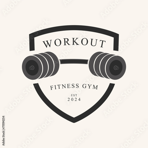 fitness gym barbell line art logo design vector.