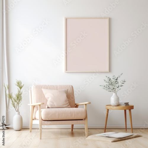 Cozy Minimalist Room with Stylish Decor and Empty Frame Design. Living Space, Perfect for Art Display Mockup. Pink Armchair and Frame Mockup in Modern Home Interior. 