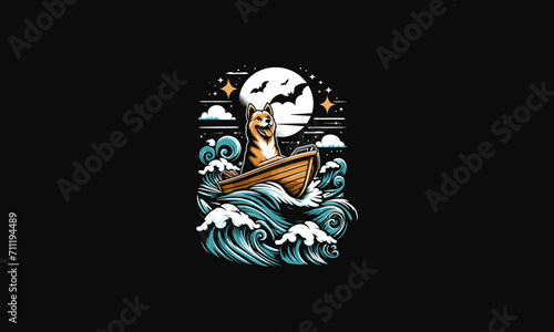 dog riding boat on sea night vector logo design