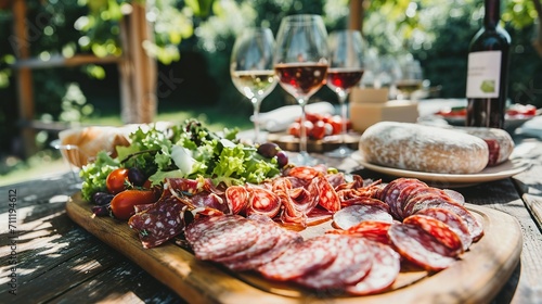 Salami platter and salad on a wooden table in the garden