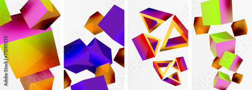 Flying 3d shapes, cubes and other geometric elements background design for wallpaper, business card, cover, poster, banner, brochure, header, website