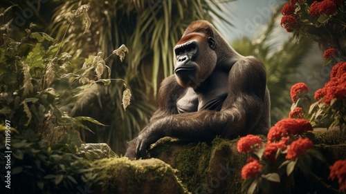 Majestic Silverback Gorilla Sitting in Contemplation - AI-Generative