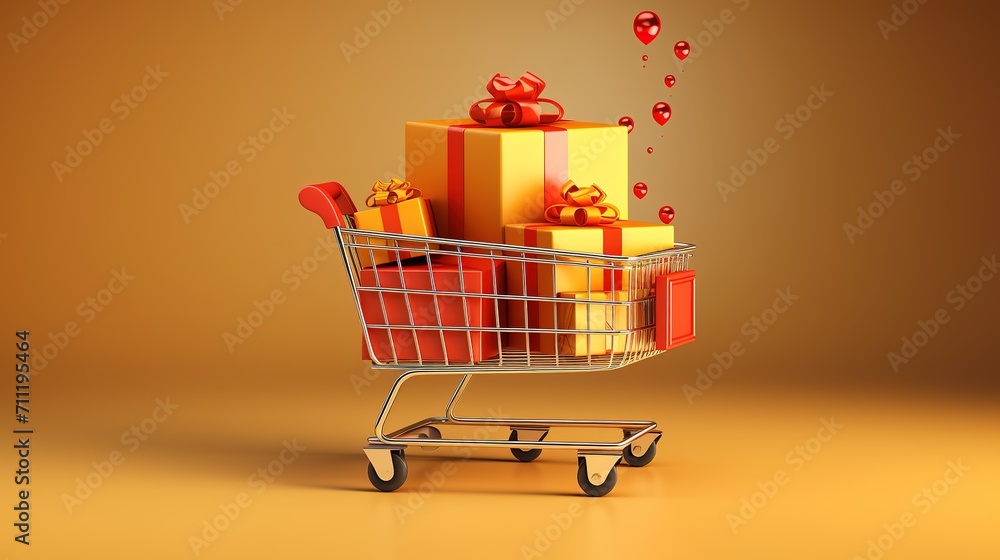 3d Vector Shopping Trolley with Parcel boxes, Shopping Online Concept. generative ai 3d Vector Shopping Trolley with Parcel boxes, Shopping Online Concept. generative ai