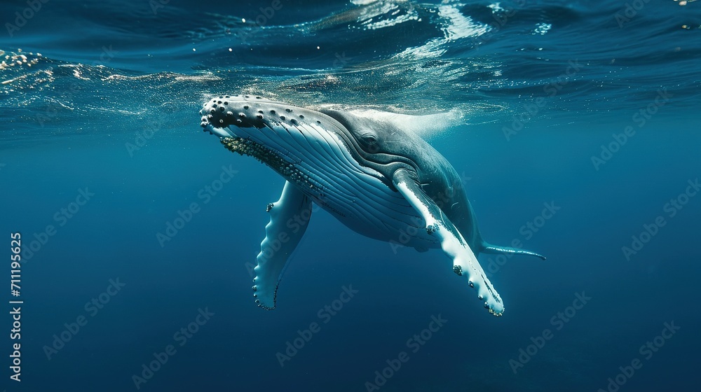 Fototapeta premium A Baby Humpback Whale Plays Near the Surface in Blue Water
