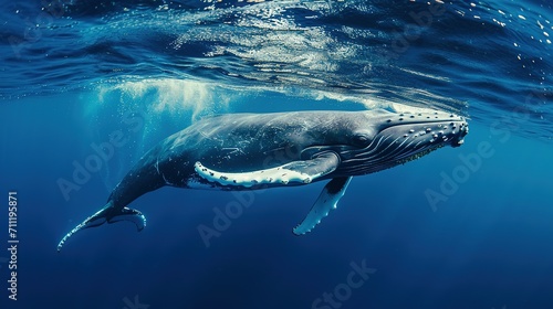 A Baby Humpback Whale Plays Near the Surface in Blue Water