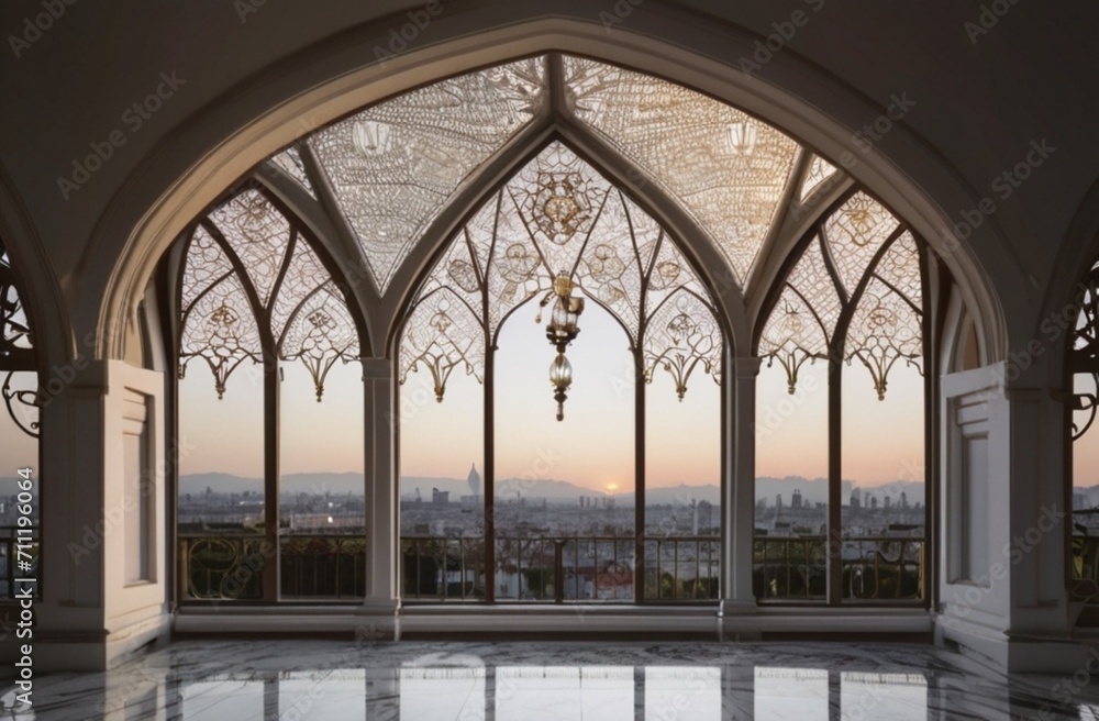 ornamented arched vault on white marble, latticed window, view from Generative AI