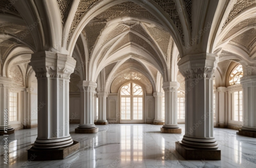 A ornamented arched vault on white marble, latticed window, view from Generative AI
