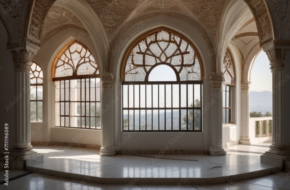Fototapeta premium A ornamented arched vault on white marble, latticed window, view from Generative AI