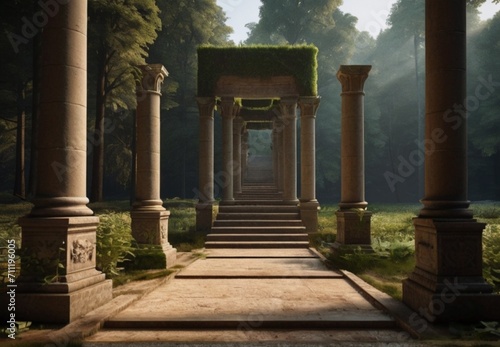 Walkway with ancient roman columns at the forest from Generative AI