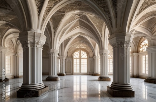 A ornamented arched vault on white marble, latticed window, view from Generative AI