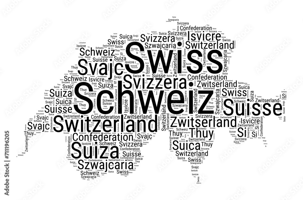 Black and white word cloud in Switzerland shape. Simple typography style country illustration. Plain Switzerland black text cloud on white background. Vector illustration.