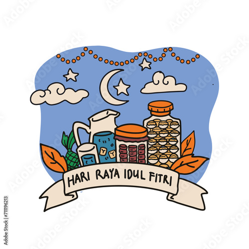 Hand drawing hari raya idul fitri or eid al fitr islamic celebration EPS 10