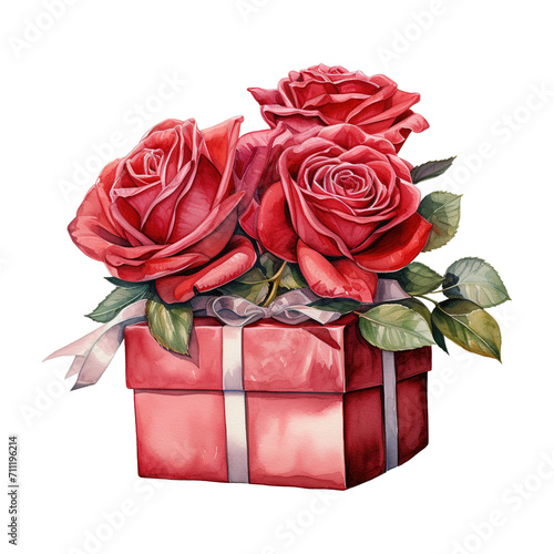 Red Roses on a Red Gift Box with a Bow. AI Generated Image