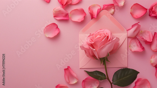Valentine Pink Rose flowers and petal envelope on pastel pink background.