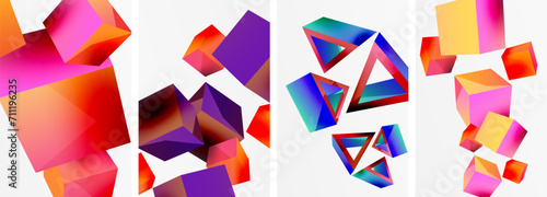 Flying 3d shapes, cubes and other geometric elements background design for wallpaper, business card, cover, poster, banner, brochure, header, website