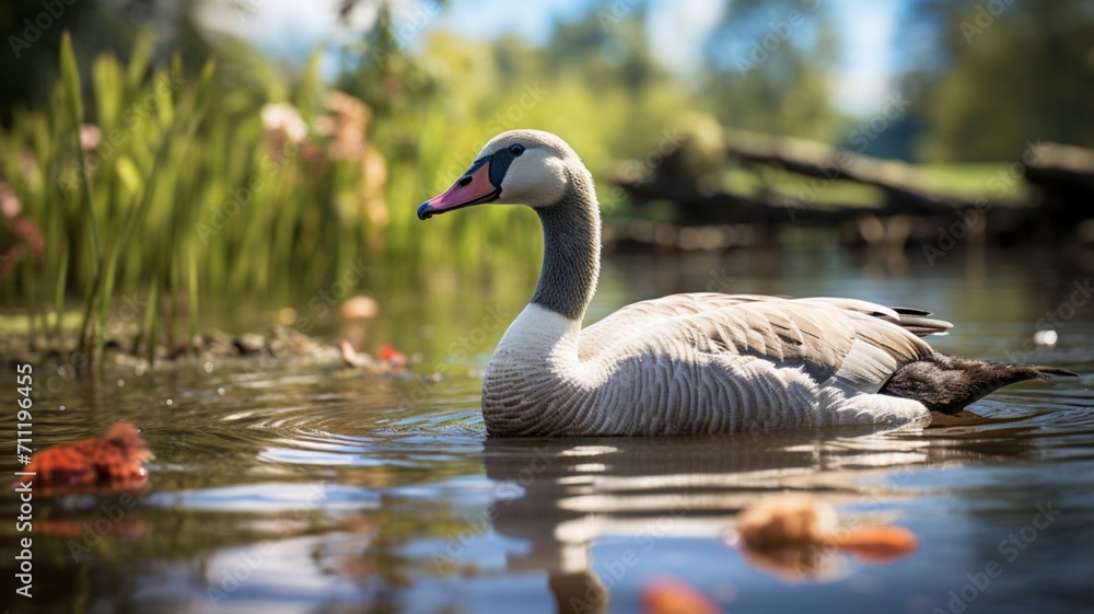 Tranquil Solitude: Majestic Lone Goose gracefully gliding on serene waters - AI-Generative Tranquil Solitude: Majestic Lone Goose gracefully gliding on serene waters - AI-Generative