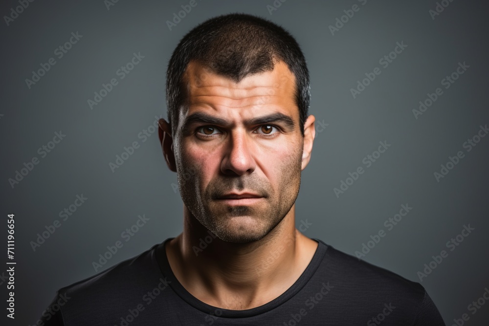 Handsome man making doubts gesture on grey background. Doubt concept