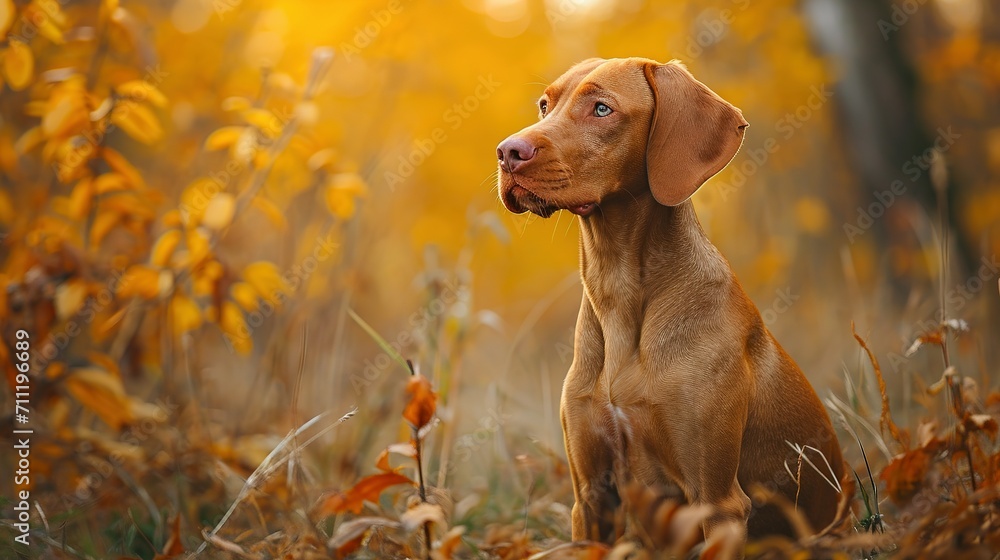 Hungarian hound pointer vizsla dog in autumn time in the field