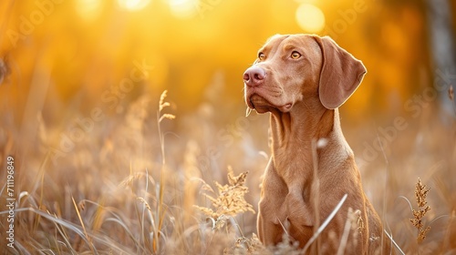 Hungarian hound pointer vizsla dog in autumn time in the field