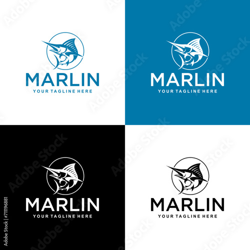 Marlin fish logo design. blue and black Marlin logo. Fresh and Unique Modern Blue Marlin Logo Template. Great to use as your Offshore Fishing holiday.