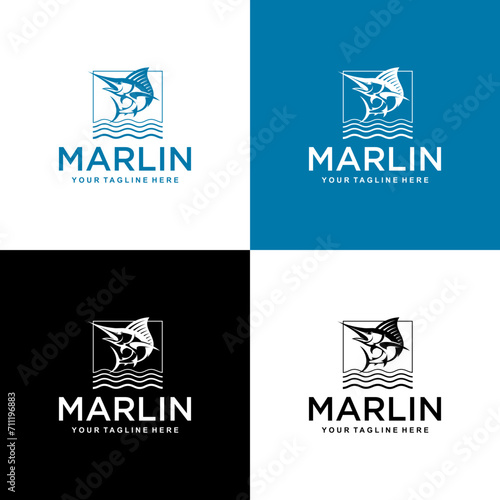 Marlin fish logo design. blue and black Marlin logo. Fresh and Unique Modern Blue Marlin Logo Template. Great to use as your Offshore Fishing holiday.