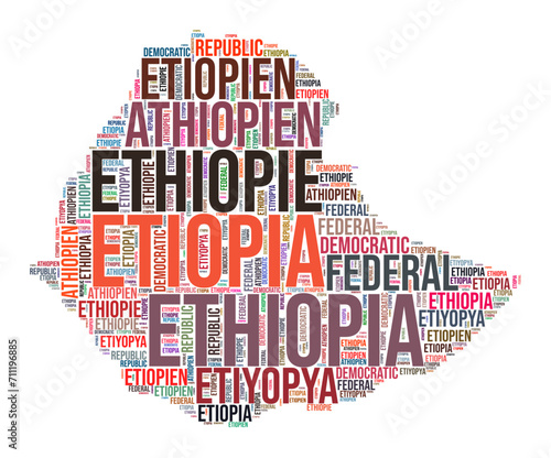 Ethiopia country shape word cloud. Typography style country illustration. Ethiopia image in text cloud style. Vector illustration.
