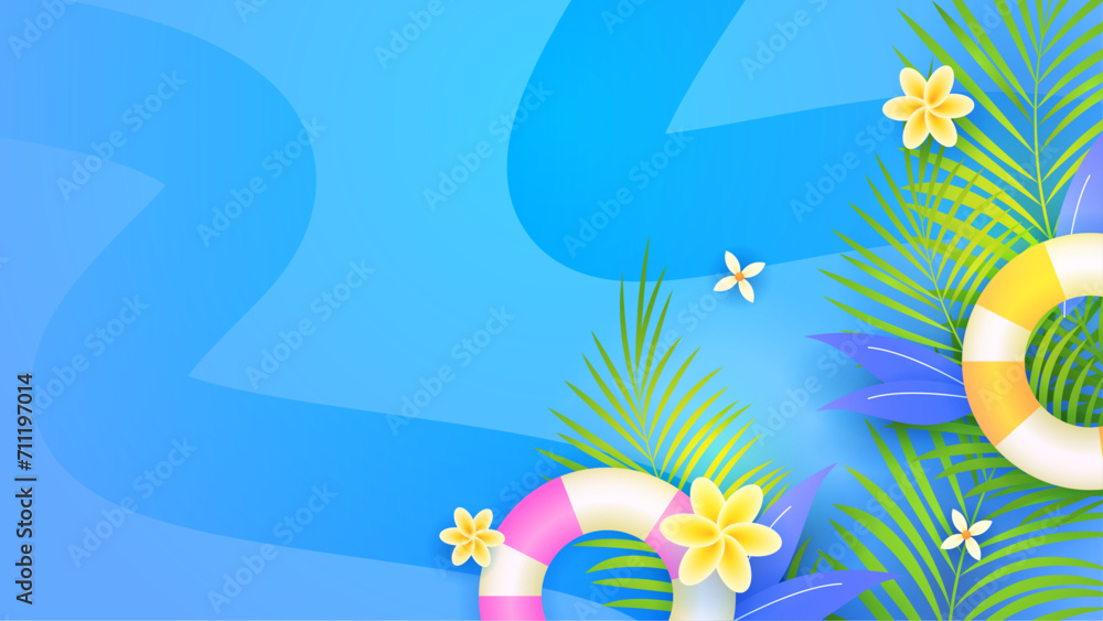 Colorful colourful summer background vector illustration. Summer background with surf, leave, flower, beach, lifebuoy, monstera, watermelon, drink, umbrella