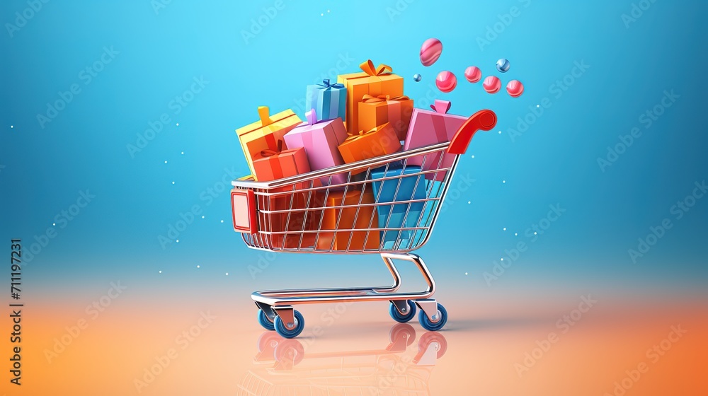 3d Vector Shopping Trolley with Parcel boxes, Shopping Online Concept. generative ai