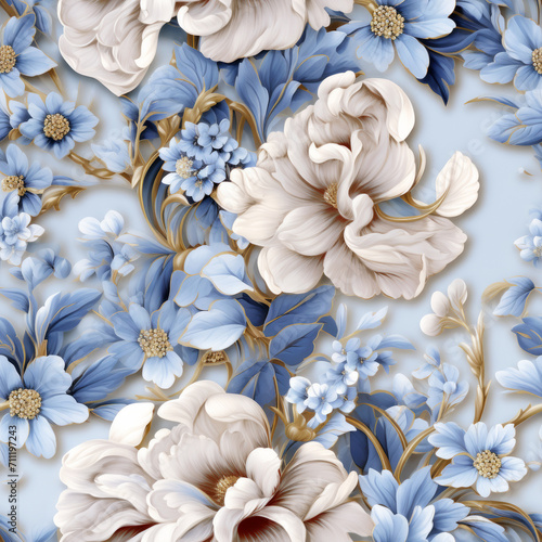 Hyper Realistic Illustrated Porcelain Blue and Gold Flowers Seamless Pattern  © DaymnStudio