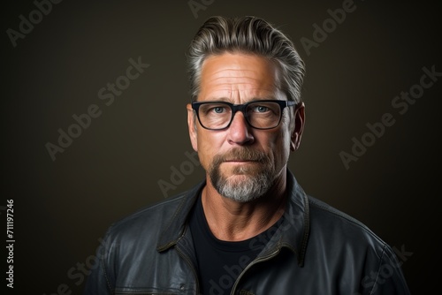 Handsome middle-aged man with long gray hair and beard wearing a leather jacket and glasses on a dark background © Inigo