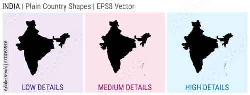 India - plain country shape. Low, medium, and high detailed maps of India. EPS8 Vector illustration.