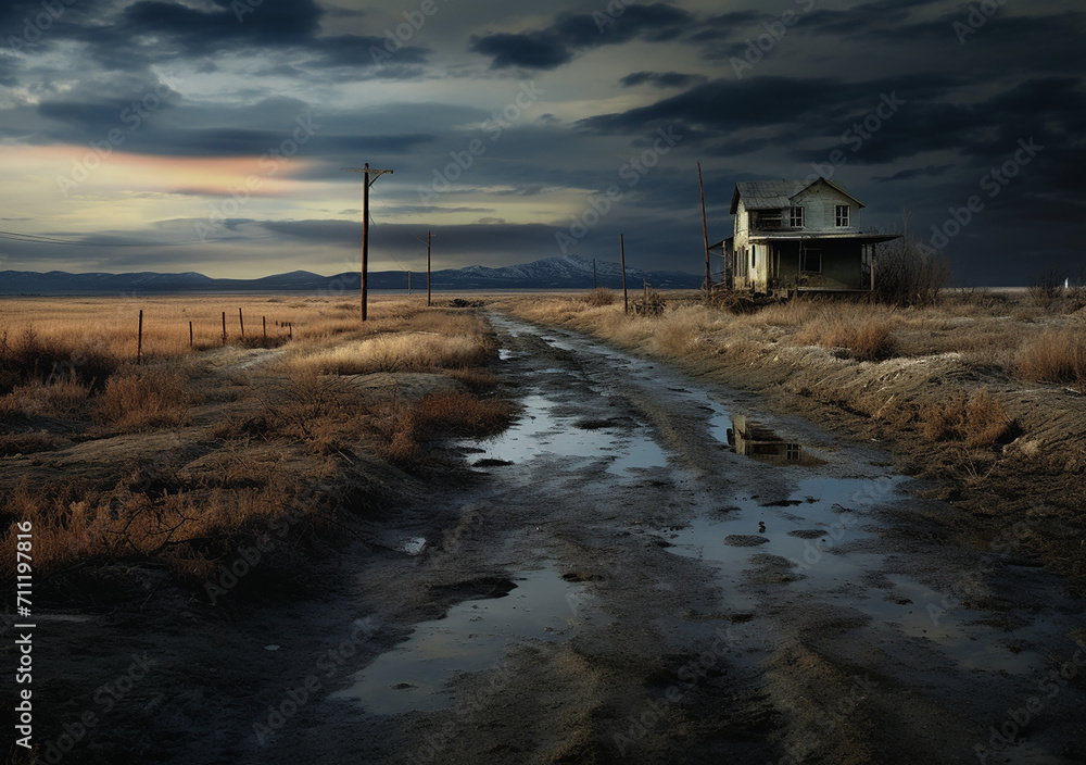 a farm house at dusk looking over the fields after some rain, puddles are on the dirt road as dry fields of grass lead to the house in the distance, a moody sky looms