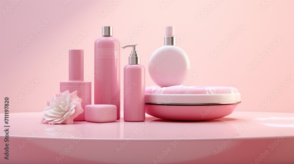 3d rendering of personal care products packages in pink background, generative AI