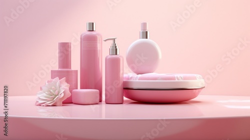 3d rendering of personal care products packages in pink background, generative AI