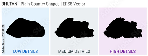 Bhutan - plain country shapes. Low, medium, and high detailed maps of Bhutan. EPS8 Vector illustration.
