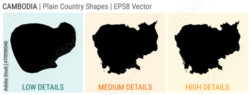 Cambodia - plain country shape. Low, medium, and high detailed maps of Cambodia. EPS8 Vector illustration.