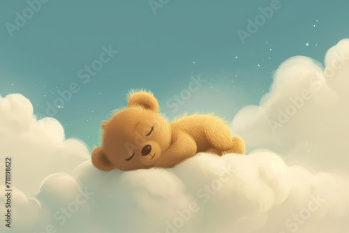 cute cartoon little baby bear sleeps on a cloud