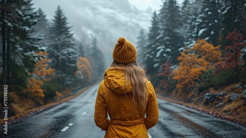Rainy Day Reflections: Girl in Yellow Jacket on Forest Road Contemplating Mental Health Journey, Resilience, Self-discovery, Emotional Growth, Nature's Serenity, Rainy Mood, Mindfulness, Inner Strengt photo