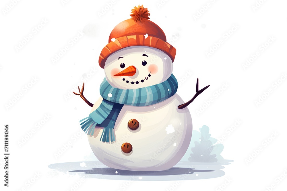 Cute cartoon snowman in warm hat and scarf. Vector illustration.